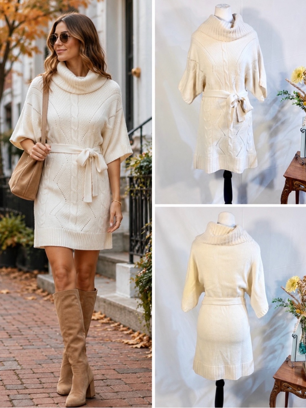 White House Black Market 100% Cashmere Cable Knit Sweater Dress
Belted Sz S🌟